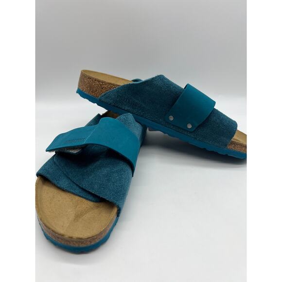 Birkenstock Kyoto Suede Leather Deep Turquoise Slides Men's Size 11/ EUR 44 - Picture 5 of 12